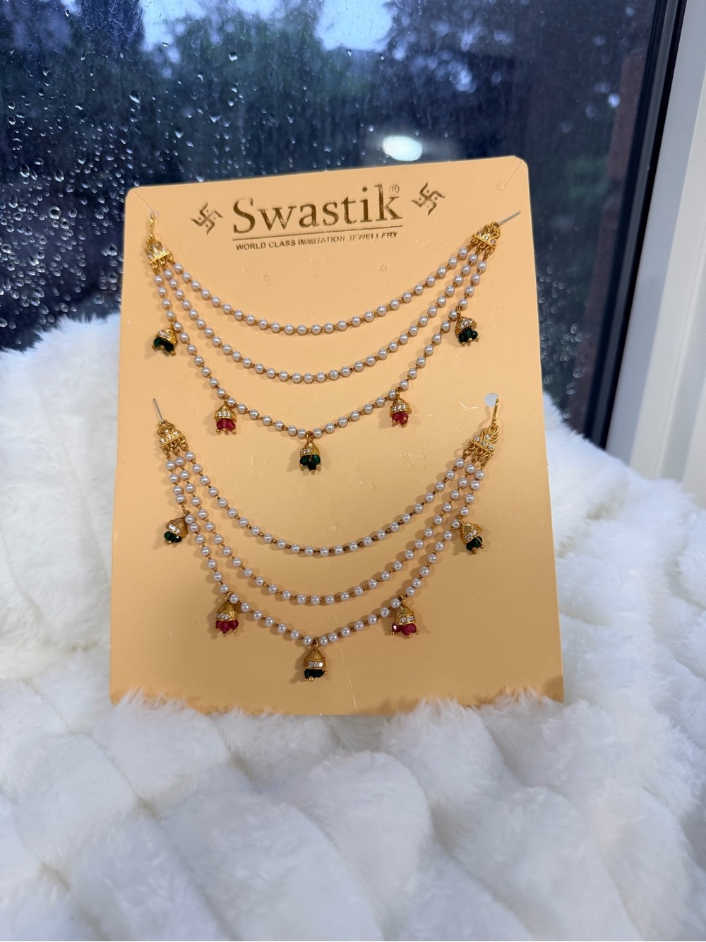 Gold-Tone Pearl Layered Necklace Set with Red & Green Charms